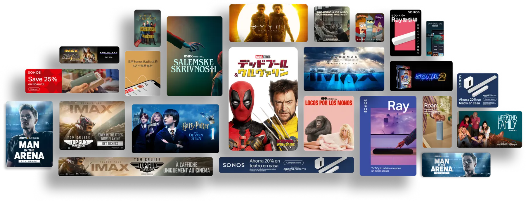 Entertainment and campaign artwork arranged as a creative operations collage
